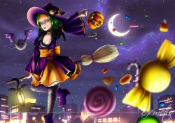 Rule 34 | 1girl, bat (animal), blurry, breasts, bug, candy, city, cleavage, depth of field, dress, fishnet thighhighs, fishnets, fly, flying, food, green hair, grey thighhighs, halloween, hat, headband, insect, jack-o&#039;-lantern, large breasts, lollipop, moon, moonlight, night, orange eyes, orange headband, outdoors, pumpkin, purple hat, purple sky, self-upload, short hair, sky, smile, solo, star (sky), star (symbol), starry sky, thighhighs, witch, wrapped candy