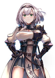 Rule 34 | 1girl, absurdres, armor, belt, belt pouch, black gloves, blue dress, blush, braid, breasts, cleavage, closed mouth, commentary, cowboy shot, dejio, dress, english commentary, eyelashes, female knight, fingerless gloves, gloves, green eyes, hair between eyes, hands on own hips, highres, hololive, knight, large breasts, looking at viewer, mace, mole, mole on breast, pelvic curtain, pouch, shirogane noel, shirogane noel (1st costume), short dress, short hair, shoulder armor, side braid, silver hair, simple background, smile, solo, strap, thighs, tiara, vambraces, virtual youtuber, waistcoat, weapon, white background, wind, wing collar