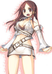 Rule 34 | 1girl, alicia (bullet witch), alicia (bullet witch), alternate color, alternate costume, aq interactive, bare shoulders, belt, breasts, brown eyes, brown hair, bullet witch, cavia, cleavage, detached sleeves, frills, hair tubes, kashiwamochi yomogi, large breasts, midriff, miniskirt, mole, navel, open mouth, side slit, skirt, solo