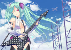 Rule 34 | 1girl, aircraft, airplane, aqua hair, belt, breasts, bridal gauntlets, cloud, day, elbow gloves, fingerless gloves, gloves, guitar, hatsune miku, hatsune miku (append), highres, instrument, iroha (unyun), long hair, medium breasts, necktie, one eye closed, red eyes, sky, solo, sweat, twintails, very long hair, vocaloid, vocaloid append, wink