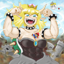 Rule 34 | 1girl, 2boys, :|, abs, absurdres, aqua eyes, bare shoulders, blonde hair, blue sky, blush, bowsette, bracelet, breasts, broken eyewear, brooch, brown hair, cabbie hat, castle, cleavage, clenched hands, closed mouth, cloud, collar, commentary, day, destruction, english commentary, excited, facial hair, floating hair, flying sweatdrops, giant, giantess, gloves, goomba, hair between eyes, hands up, hat, highres, horns, jewelry, koopa troopa, long hair, long sleeves, looking at viewer, mario, mario (series), medium breasts, motion lines, multiple boys, muscular, muscular female, mustache, new super mario bros. u deluxe, nintendo, open mouth, overalls, pointy ears, ponytail, red hat, red shirt, sharp teeth, shiny skin, shirt, sidelocks, sky, slit pupils, solo focus, spiked bracelet, spiked collar, spiked shell, spikes, spiny egg, super crown, t1g, teeth, thick eyebrows, tongue, upper body, waist cape, white gloves, wind