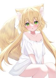Rule 34 | 1girl, :o, animal ear fluff, animal ears, blonde hair, blush, collarbone, commentary request, feet out of frame, fox ears, fox girl, fox tail, green eyes, hair between eyes, hamico, highres, long hair, looking at viewer, low twintails, off shoulder, original, parted lips, shirt, short sleeves, simple background, sitting, solo, tail, twintails, very long hair, white background, white shirt, wide sleeves