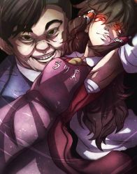 Rule 34 | 1boy, 1girl, apron, arm up, armpits, black hair, blazer, blue coat, brown hair, clothes writing, coat, collar, collared shirt, commentary request, cookie (touhou), cowboy shot, dress, dutch angle, glowing, glowing eyes, hair between eyes, hair tubes, hakurei reimu, highres, jacket, long hair, looking at viewer, manatsu no yo no inmu, necktie, niwarhythm, pink apron, qvc, red dress, red eyes, rurima (cookie), sarashi, shirt, short hair, sleeveless, sleeveless dress, teeth, tongue, tongue out, touhou, white collar, white shirt, yellow neckwear