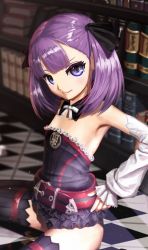 Rule 34 | 1girl, a00, armpits, bare shoulders, black thighhighs, book, checkered floor, detached sleeves, fate/grand order, fate (series), flat chest, helena blavatsky (fate), highres, looking at viewer, purple eyes, purple hair, sefirot, short hair, sitting, smile, solo, strapless, thighhighs, wariza