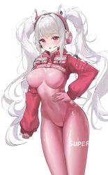 Rule 34 | 1girl, absurdres, ahoge, alice (nikke), animal ear headphones, animal ears, blush, bodysuit, breasts, covered navel, fake animal ears, gloves, goddess of victory: nikke, hand on own hip, headphones, highres, jojo xiuxian, large breasts, latex, latex bodysuit, long hair, looking at viewer, pink bodysuit, pink eyes, pink gloves, pink headphones, pink sleeves, shrug (clothing), simple background, smile, solo, twintails, white background, white hair
