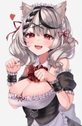Rule 34 | 1girl, :3, absurdres, animal ears, black hair, blush, breasts, cat ears, cleavage, grey hair, highres, hololive, large breasts, looking at viewer, maid, maid headdress, medium hair, multicolored hair, open mouth, red eyes, red nails, reityana, sakamata chloe, short sleeves, smile, solo, virtual youtuber