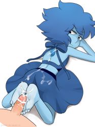 Rule 34 | 1girl, blue hair, blue skin, censored, clothed female nude male, colored skin, cum, cum on body, cum on feet, cum on lower body, cum on upper body, emotionless sex, footjob, gnome-no, lapis lazuli (steven universe), nude, penis, simple background, steven universe, white background