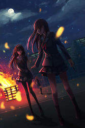 Rule 34 | absurdres, blonde hair, brown hair, building, burning, cloud, commentary, embers, unworn eyewear, fire, fire, glasses, hairband, hand on own arm, highres, holding, holding removed eyewear, kasumigaoka utaha, katou megumi, long hair, looking at another, looking back, moon, neckerchief, night, night sky, outstretched arm, pantyhose, red neckerchief, redpoke, saenai heroine no sodatekata, sawamura spencer eriri, school uniform, shoes, sky, socks, standing, star (sky), starry sky, wide-eyed
