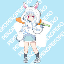 Rule 34 | absurdres, animal ear fluff, animal ears, blue hair, blush, braid, carrot, chibi, food, food themed weapon, highres, holding, holding food, hololive, hood, hood up, hoodie, looking at viewer, nga (kashi mille), rabbit ears, rabbit girl, red eyes, shoes, short eyebrows, sleeves past fingers, sleeves past wrists, sneakers, solo, standing, twin braids, usada pekora, v-shaped eyebrows, virtual youtuber, white hoodie