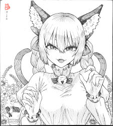 Rule 34 | 1girl, absurdres, animal ear fluff, animal ears, bell, braid, breasts, cat ears, cat tail, commentary request, extra ears, fang, fangs, greyscale, highres, kaenbyou rin, ke-su, long sleeves, looking at viewer, medium breasts, monochrome, multiple tails, neck bell, open mouth, simple background, skull, solo, tail, touhou, twin braids, two tails, upper body