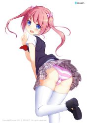 Rule 34 | 1girl, ass, blue eyes, blush, blvefo9, child, fang, hair ornament, highres, loafers, original, panties, pantyshot, pink hair, school uniform, shoes, skirt, solo, striped clothes, striped panties, sweater vest, thighhighs, trefoil, twintails, underwear