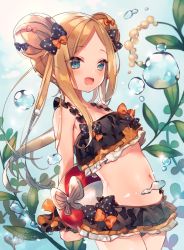 Rule 34 | 1girl, abigail williams (emerald float) (fate), abigail williams (fate), alternate hairstyle, ana (rznuscrf), arms behind back, ball, bare shoulders, beachball, bikini, black bikini, black bow, blonde hair, blue eyes, blush, bow, double bun, fate/grand order, fate (series), forehead, frilled bikini, frills, hair bow, hair bun, hip focus, leaf, long hair, looking at viewer, miniskirt, navel, official alternate costume, open mouth, orange bow, parted bangs, polka dot, polka dot bow, skirt, solo, swimsuit, water drop