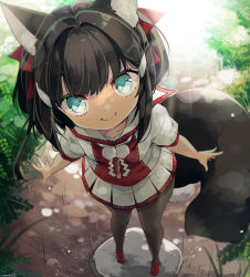 Rule 34 | 1girl, animal ears, black hair, black pantyhose, blue eyes, dog ears, dog tail, fang, fang out, from above, hair ornament, hairclip, looking up, mary janes, original, outdoors, pantyhose, ribbon, river, shirt, shoes, short hair, skirt, smile, solo, standing, stone, tail, water, white shirt, white skirt, yuzuki gao