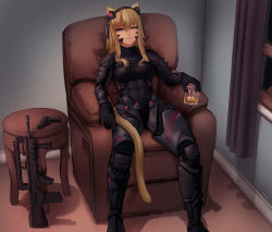 Rule 34 | 1girl, alcohol, animal ears, armchair, armor, assault rifle, blonde hair, breasts, bullpup, chair, coconut (nekopara), commission, couch, cup, famas, feet out of frame, gun, h&amp;k usp, hair over breasts, hairband, half-closed eyes, handgun, heterochromia, holding, holding cup, indoors, medium breasts, nekopara, on chair, original, parted lips, rifle, seraziel, shadow, sitting, solo, tail, weapon