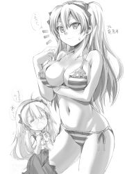Rule 34 | 1girl, absurdres, aged up, ahoge, alternate breast size, asuka keisuke, bikini, breasts, girls und panzer, greyscale, hair between eyes, hairband, highres, large breasts, looking at viewer, monochrome, navel, shimada arisu, side-tie bikini bottom, sketch, solo, standing, striped bikini, striped clothes, swimsuit, two side up