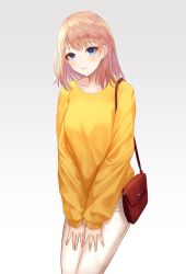 Rule 34 | 1girl, absurdres, bag, blonde hair, blue eyes, blush, bosumonki, breasts, closed mouth, collarbone, cowboy shot, earrings, gradient background, grey background, hands on own thighs, head tilt, highres, jewelry, legs together, long sleeves, looking at viewer, original, pants, short hair, shoulder bag, sleeves past wrists, small breasts, smile, solo, standing, sweater, v arms, white background, white pants, yellow sweater