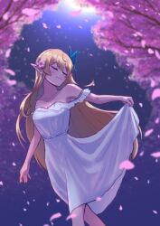 Rule 34 | 1girl, absurdres, blonde hair, butterfly hair ornament, cherry blossoms, cipher4109, closed eyes, commentary, dress, english commentary, flower, hair flower, hair ornament, highres, long hair, night, nijisanji, nijisanji en, off-shoulder dress, off shoulder, petals, pink flower, pointy ears, pomu rainpuff, smile, solo, very long hair, virtual youtuber, white dress