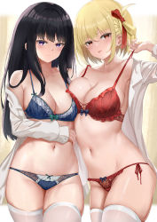 Rule 34 | 2girls, :p, black hair, blonde hair, blue bra, blue panties, bob cut, bra, bra pull, breasts, cleavage, closed mouth, clothes pull, collarbone, commentary, cyicheng, hair ribbon, inoue takina, large breasts, long hair, looking at viewer, lycoris recoil, medium breasts, multiple girls, navel, nishikigi chisato, off shoulder, one side up, open clothes, open shirt, paid reward available, panties, pulling own clothes, purple eyes, red bra, red eyes, red panties, red ribbon, ribbon, shirt, short hair, skindentation, stomach, straight hair, strap pull, symbol-only commentary, thighhighs, thighs, tongue, tongue out, underwear, white shirt, white thighhighs
