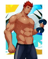 Rule 34 | 1boy, abs, bara, black pants, bulge, crow (siranui), dumbbell, exercising, facial hair, feet out of frame, goatee, highres, large pectorals, looking at viewer, male focus, mature male, muscular, muscular male, navel, nipples, orange hair, original, pants, pectorals, short hair, sideburns, smile, solo, spiked hair, stomach, thighs, topless male, track pants, weightlifting
