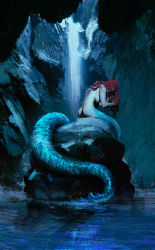 Rule 34 | 1girl, anato finnstark, ass, blue theme, breasts, cave, completely nude, decapitation, dorsal fin, fins, guro, highres, large breasts, long hair, mermaid, monster girl, nude, original, red hair, solo, water, waterfall