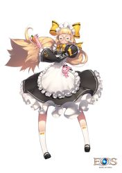 Rule 34 | 1girl, apron, black footwear, blonde hair, bow, brushing hair, carrot, clenched teeth, copyright name, dress, echo of soul, closed eyes, frilled dress, frilled sleeves, frills, full body, glasses, hair brush, highres, holding, holding hair, kneehighs, long hair, long sleeves, maid, maid apron, maid headdress, multiple bows, puffy sleeves, rabbit, shoes, simple background, socks, solo, standing, teardrop, teeth, white background, white socks, yato0401, yellow bow