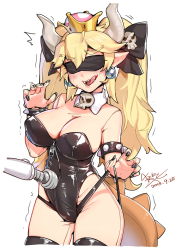 Rule 34 | 1futa, ^^^, absurdres, alternate hairstyle, armlet, black blindfold, black leotard, black nails, black panties, black ribbon, black thighhighs, blindfold, blonde hair, blush, bodystocking, bodysuit, bodysuit under clothes, bowsette, bracelet, breasts, bulge, cleavage, cosplay, covered navel, crown, dated, detached collar, earrings, erection, erection under clothes, facing viewer, fangs, forked eyebrows, frontal wedgie, furrowed brow, futanari, hair between eyes, hair ornament, hair ribbon, hand up, hidden eyes, highleg, highleg leotard, highres, hitachi magic wand, horns, jewelry, kigurumi, large breasts, leotard, licking lips, lizard tail, mario (series), motion lines, nail polish, new super mario bros. u deluxe, nintendo, open mouth, panties, panty lift, parted bangs, pointy ears, ribbon, see-through, see-through bodysuit, sex toy, shaking, sharp teeth, sidelocks, signature, simple background, skull, skull hair ornament, spiked armlet, spiked bracelet, spiked tail, spikes, standing, strapless, strapless leotard, super crown, tail, teeth, thick eyebrows, thighhighs, thighs, tongue, tongue out, trembling, trevor25527766, twintails, underwear, vibrator, wedgie, white background, wing collar, zipper, zipper pull tab
