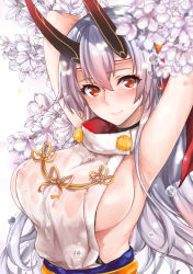 Rule 34 | 1girl, armpits, arms up, badariki, blurry, blush, breasts, closed mouth, depth of field, fate/grand order, fate (series), flower, headband, highres, horns, large breasts, lips, long hair, looking at viewer, nipples, oni horns, pom pom (clothes), red eyes, sash, see-through, shiny skin, sideboob, silver hair, sleeveless, sleeveless turtleneck, smile, solo, sweat, tareme, tomoe gozen (fate), turtleneck, upper body, very long hair, water drop, wet, wet clothes, white background