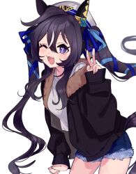 Rule 34 | 1girl, :3, ;d, animal ears, black hair, black jacket, blue ribbon, commentary request, denim, denim shorts, ear covers, fig (lchijiku), hair between eyes, hair ribbon, hat, highres, horse ears, horse girl, horse tail, jacket, long hair, looking at viewer, one eye closed, open mouth, partial commentary, purple eyes, ribbon, sailor hat, shirt, short shorts, shorts, simple background, single ear cover, smile, solo, tail, twintails, umamusume, vivlos (umamusume), white background, white hat, white shirt