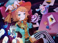 Rule 34 | 1girl, :q, absurdres, ace (playing card), ace of spades, alice in wonderland, animal, animal ears, aqua eyes, aqua jacket, black shorts, blonde hair, bow, bowtie, card, chair, commentary, cosplay, crossed legs, cup, gloves, highres, holding, holding teapot, jacket, kagamine rin, looking at viewer, mad hatter (alice in wonderland), mad hatter (alice in wonderland) (cosplay), neckerchief, orange neckwear, orange vest, playing card, pouring, project sekai, rabbit ears, scrunchie, short hair, shorts, single glove, sitting, spade (shape), star (sky), star (symbol), starry background, striped clothes, striped thighhighs, table, teacup, teapot, thighhighs, tongue, tongue out, vertical-striped clothes, vertical-striped thighhighs, vest, vocaloid, white gloves, wonderlands x showtime rin, wrist scrunchie, xuxu (02rinrinlove), yellow neckwear