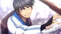Rule 34 | 1boy, black hair, blurry, blurry background, blurry foreground, bruise, bruise on face, clenched teeth, dated, gintama, holding, holding sword, holding weapon, injury, japanese clothes, kimono, long sleeves, looking at viewer, male focus, red eyes, rimless eyewear, shimura shinpachi, signature, solo, sword, teeth, upper body, weapon, white kimono, zeroo7x