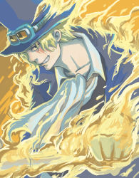 Rule 34 | 1boy, absurdres, blonde hair, ascot, fire, goggles, goggles on headwear, hat, highres, male focus, one piece, sabo (one piece), scar, solo, top hat