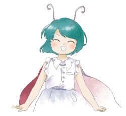 Rule 34 | 1girl, :d, ^ ^, antennae, aqua hair, buttons, cape, closed eyes, collared shirt, grey cape, grey skirt, nonamejd, official style, open mouth, red cape, shirt, simple background, skirt, sleeveless, sleeveless shirt, smile, solo, touhou, two-sided fabric, two-tone cape, white background, white shirt, wriggle nightbug, zun (style)