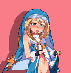 Rule 34 | + +, 1boy, aqua eyes, bare shoulders, black gloves, blonde hair, blue dress, blush, bridget (guilty gear), condom, condom in mouth, cross, cuffs, dress, fingerless gloves, gloves, guilty gear, guilty gear xx, habit, latin cross, looking at viewer, male focus, mars symbol, mouth hold, n0 image, navel, no panties, nose blush, nun, pink background, ribbon, solo, trap, upper body, yellow ribbon