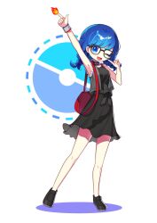 Rule 34 | 1girl, absurdres, arm up, armpits, backpack, bag, black-framed eyewear, black footwear, blue eyes, blue hair, braid, breasts, commentary, commission, finger to cheek, full body, glasses, highres, looking at viewer, offbeat, one eye closed, open mouth, original, pixiv commission, short hair, small breasts, smile, solo, twin braids
