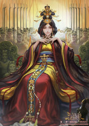 Rule 34 | 1girl, 6+boys, armor, army, beads, braid, breasts, brown eyes, chinese armor, chinese clothes, closed mouth, commentary request, copyright name, copyright request, earrings, gem, hair ornament, hair stick, hanfu, jewelry, looking at viewer, mi yue, multicolored hair, multiple boys, nail polish, official art, own hands together, pearl (gemstone), polearm, red hair, ring, romance of the three kingdoms, sash, sitting, smile, solo focus, statue, streaked hair, throne, watermark, weapon, web address, white nails, wide sleeves, xiaji