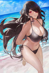 Rule 34 | 1girl, absurdres, arms behind back, barefoot, beach, beidou (genshin impact), bikini, black bikini, blush, breasts, brown hair, cameltoe, cleavage, cozyu, eyepatch, floating hair, front-tie bikini top, front-tie top, genshin impact, grin, hair down, hair over one eye, highres, large breasts, long hair, looking at viewer, navel, colored eyepatch, red eyes, revision, side-tie bikini bottom, smile, solo, standing, standing on one leg, stomach, swimsuit, thighs, very long hair, water, wet