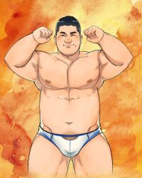 Rule 34 | 1boy, abs, bara, blush, briefs, bulge, crotch cutout, daisukebear, double biceps pose, feet out of frame, flexing, groin, highres, large pectorals, looking at viewer, male focus, male underwear, mature male, muscular, muscular male, navel, navel hair, nipples, one eye closed, orange background, original, pectorals, penis, penis peek, short hair, sideburns, solo, standing, stomach, straight-on, strongman waist, thick eyebrows, thick thighs, thighs, underwear, white male underwear