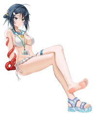 Rule 34 | 1girl, absurdres, ahoge, arknights, bare shoulders, barefoot, bikini, black hair, blue eyes, blush, breasts, cleavage, closed mouth, crossed legs, feather hair, goggles, goggles around neck, hair bun, hair intakes, highres, la pluma (arknights), large breasts, looking at viewer, navel, sandals, shoes, short hair, single hair bun, single shoe, single side bun, solo, swimsuit, tentacles, thigh strap, white bikini, xo (xo17800108)