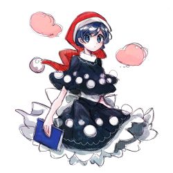 Rule 34 | 1girl, black dress, black sleeves, blue eyes, blue hair, book, closed mouth, doremy sweet, dress, frills, hat, highres, pom pom (clothes), red hat, short hair, short sleeves, simple background, solo, tama (hiroshige 36), touhou, white background
