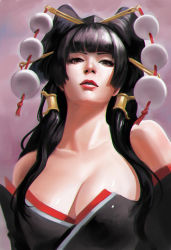 Rule 34 | 1girl, bare shoulders, black hair, breasts, cleavage, collarbone, dead or alive, dead or alive 5, detached sleeves, eyelashes, female focus, from below, hair ornament, hat, hime cut, japanese clothes, large breasts, lips, long hair, looking at viewer, mole, nose, nyotengu, parted lips, phamoz, purple background, purple eyes, realistic, shiny skin, solo, tokin hat, upper body