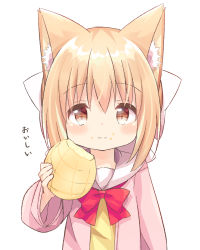 Rule 34 | 1girl, animal ear fluff, animal ears, bow, bread, brown eyes, closed mouth, commentary request, eating, food, food on face, hair between eyes, hair bow, highres, holding, holding food, jacket, light brown hair, long sleeves, melon bread, nakkar, open clothes, open jacket, original, pink jacket, red bow, sailor collar, shirt, sidelocks, simple background, smile, solo, translation request, upper body, white background, white bow, white sailor collar, wide sleeves, yellow shirt