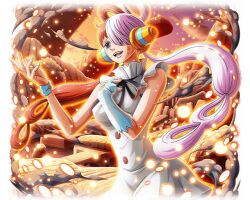 Rule 34 | 1girl, dress, embers, long hair, multicolored hair, official art, one piece, one piece treasure cruise, open mouth, red hair, teeth, twintails, two-tone hair, uta (one piece), white dress, white hair