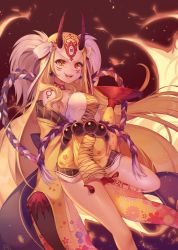 Rule 34 | 1girl, blonde hair, facial mark, fangs, fate/grand order, fate (series), grin, highres, ibaraki douji (fate), long hair, looking at viewer, oni, open mouth, reel (riru), slit pupils, smile, solo, tattoo, yellow eyes