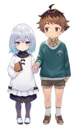 Rule 34 | 1boy, 1girl, :&lt;, ahoge, blue eyes, blush, brown hair, child, dress, full body, hair between eyes, holding hands, highres, kuzuryuu yaichi, looking at another, looking at viewer, multicolored hair, ryuuou no oshigoto!, shirabi, shirt, shorts, silver hair, simple background, sora ginko, sweater, two-tone hair, white background, aged down