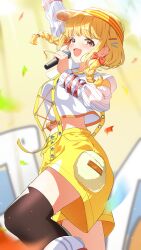 Rule 34 | 1girl, absurdres, black thighhighs, blonde hair, blurry, blurry background, blush, braid, brown eyes, commentary request, fujita kotone, gakuen idolmaster, highres, holding, holding microphone, idolmaster, long hair, looking at viewer, low twin braids, microphone, midriff, open mouth, overall shorts, overalls, pouch, shirt, shorts, smile, solo, sunny (20597521), thighhighs, thighs, twin braids, visor cap, white arm warmers, white shirt, yellow shorts