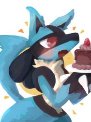 Rule 34 | 1boy, animal ears, animal hands, black fur, blue fur, blush, body fur, butter (oshi8kyoumoh), cake, chocolate cake, creatures (company), fang, food, fruit, furry, furry male, game freak, gen 4 pokemon, hands up, happy, highres, holding, holding cake, holding food, holding plate, lucario, male focus, multicolored fur, nintendo, no lineart, notice lines, open mouth, plate, pokemon, pokemon (creature), red eyes, simple background, skin fang, smile, snout, solo, spikes, standing, strawberry, tail, textless version, upper body, white background, wolf boy, wolf ears, wolf tail, yellow fur