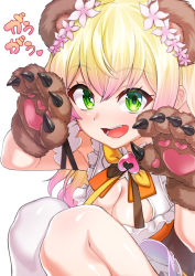 Rule 34 | 1girl, :d, animal ears, animal hands, arm garter, armpits, asymmetrical legwear, bare arms, bear ears, bear paws, bell, blonde hair, bow, bowtie, breasts, claw pose, cleavage, cleavage cutout, close-up, clothing cutout, fang, flower, frilled shirt, frilled skirt, frills, gloves, gradient hair, green eyes, hair flower, hair ornament, highres, hololive, jingle bell, long hair, looking at viewer, medium breasts, momosuzu nene, multicolored hair, multicolored neckwear, neck bell, nisui noki, open mouth, paw gloves, petticoat, pink hair, shirt, simple background, single thighhigh, skirt, sleeveless, sleeveless shirt, smile, solo, squatting, thighhighs, two side up, uneven legwear, virtual youtuber, white background, white thighhighs