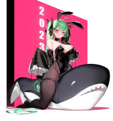 Rule 34 | 1girl, 2023, absurdres, animal ears, banqiu, bare shoulders, black leotard, black pantyhose, blush, breasts, butterfly hair ornament, cleavage, detached collar, detached sleeves, fake animal ears, frilled cuffs, green hair, hair ornament, hairclip, highres, large breasts, leotard, long hair, looking at viewer, original, pantyhose, parted lips, playboy bunny, rabbit ears, red eyes, riding, shark, side-tie leotard, skindentation, strapless, strapless leotard, stuffed animal, stuffed shark, stuffed toy, thigh strap, twintails, very long hair