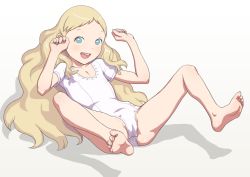Rule 34 | 1girl, athletic leotard, aurore, barefoot, blonde hair, blue eyes, feet, flat chest, full body, legs, leotard, long hair, lying, on back, open mouth, original, simple background, smile, soles, solo, spread legs, takatou sora, toes, very long hair, white background