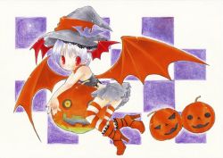 Rule 34 | 1girl, bat wings, boots, capcom, hat, high heel boots, high heels, lilith aensland, orange heels, picoalto, pumpkin, purple hair, shoes, solo, thighhighs, vampire (game), wings, witch hat